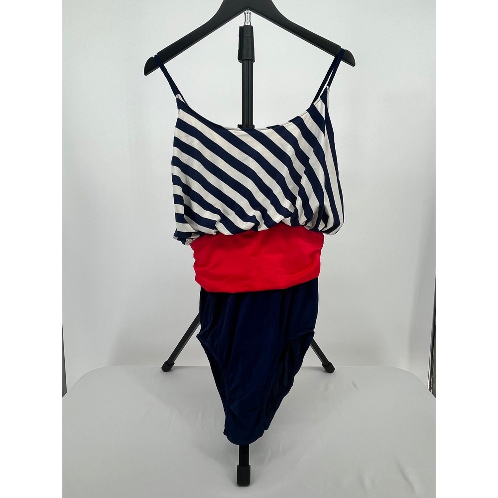 VTG Sirena Nautical‎ Striped 1 Piece Swimsuit Women 16 Red White Blue USA Beach